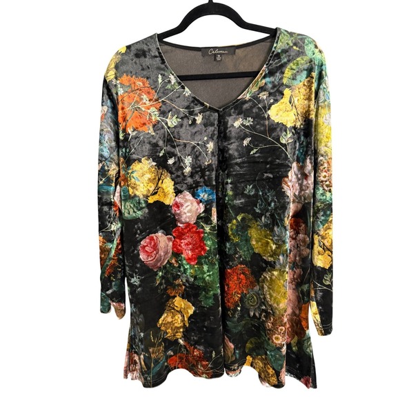 Calessa Tops - Calessa Tunic Top 1X Bright‎ Floral black Velvet Burnout  Stretch Boho Hippie